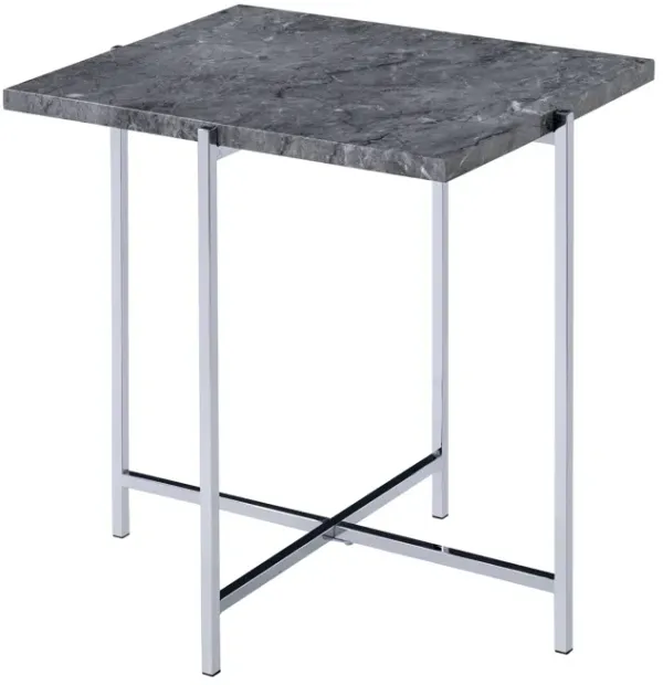 Contemporary Marble Top End Table with Trestle Base , Gray and Silver-Benzara