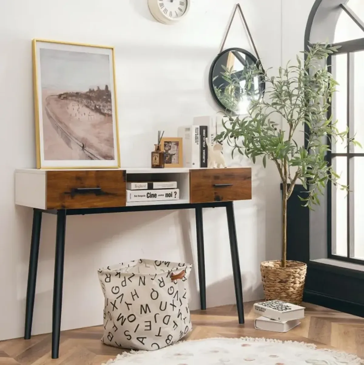 Hivvago 42 Inch Industrial Console Table with 2 Drawers for Entryway Hallway