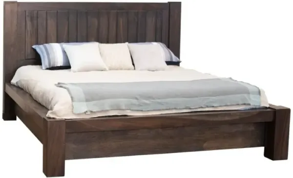 Elley King Size Bed, Dark Brown and Warm Gray Parota Wood, Metal - Benzara