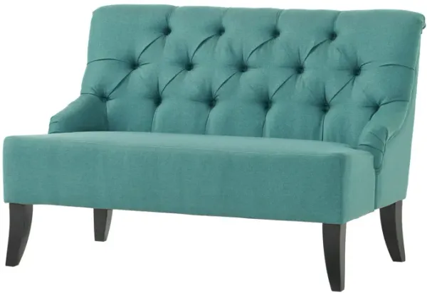 Ohio Loveseat Settee, 44 Inch Button Tufted Aqua Green, Solid Wood - Benzara