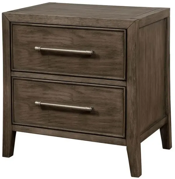 2 Drawer Wooden Nightstand with Metal Bar Pulls and USB Port, Brown-Benzara