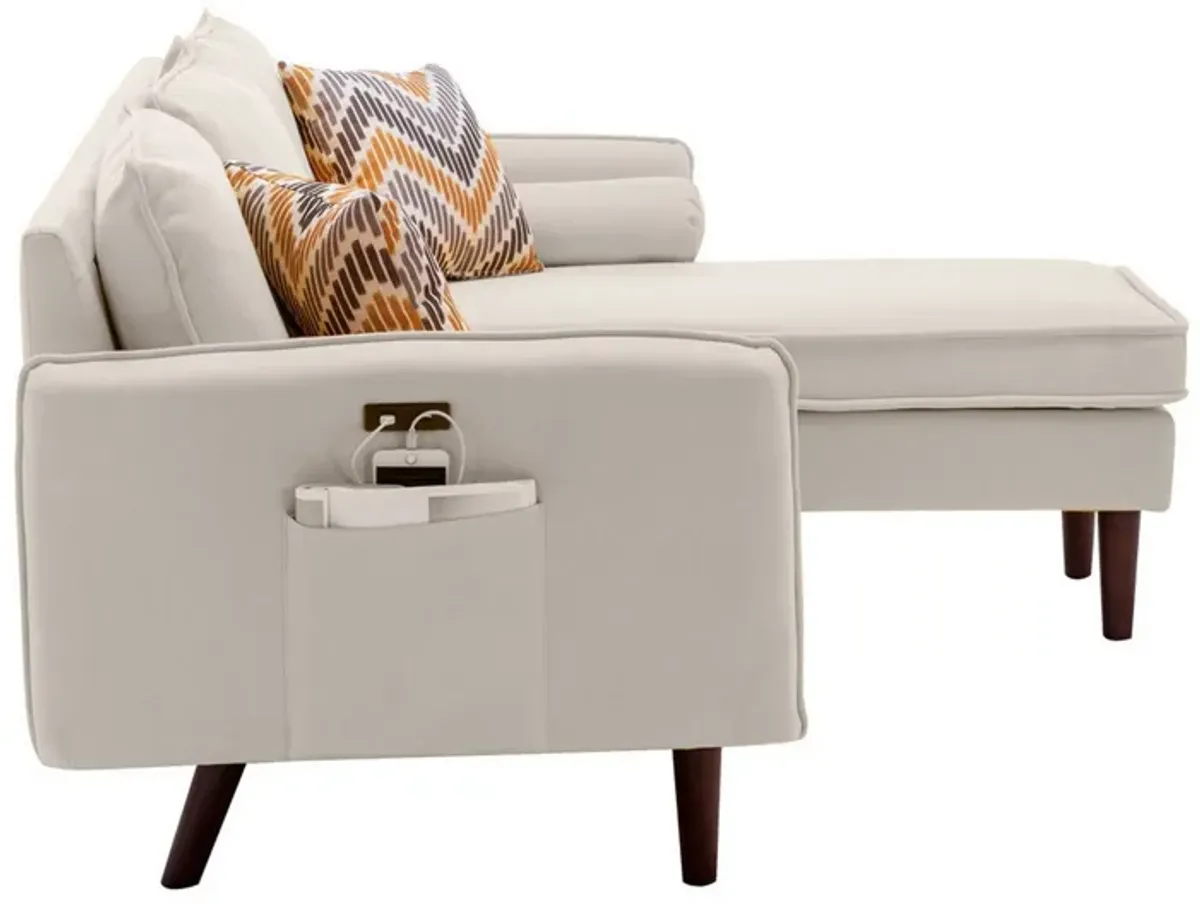 Ranon 70 Inch Sectional Chaise Sofa, USB Charging Port, Side Pocket, Beige-Benzara