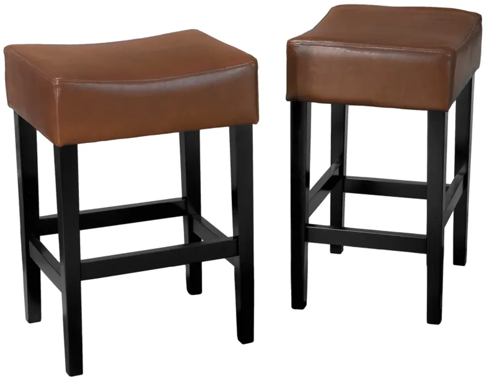 Piya Counter Stool Set of 2, Backless, Brown Bonded Leather, Black Legs - Benzara