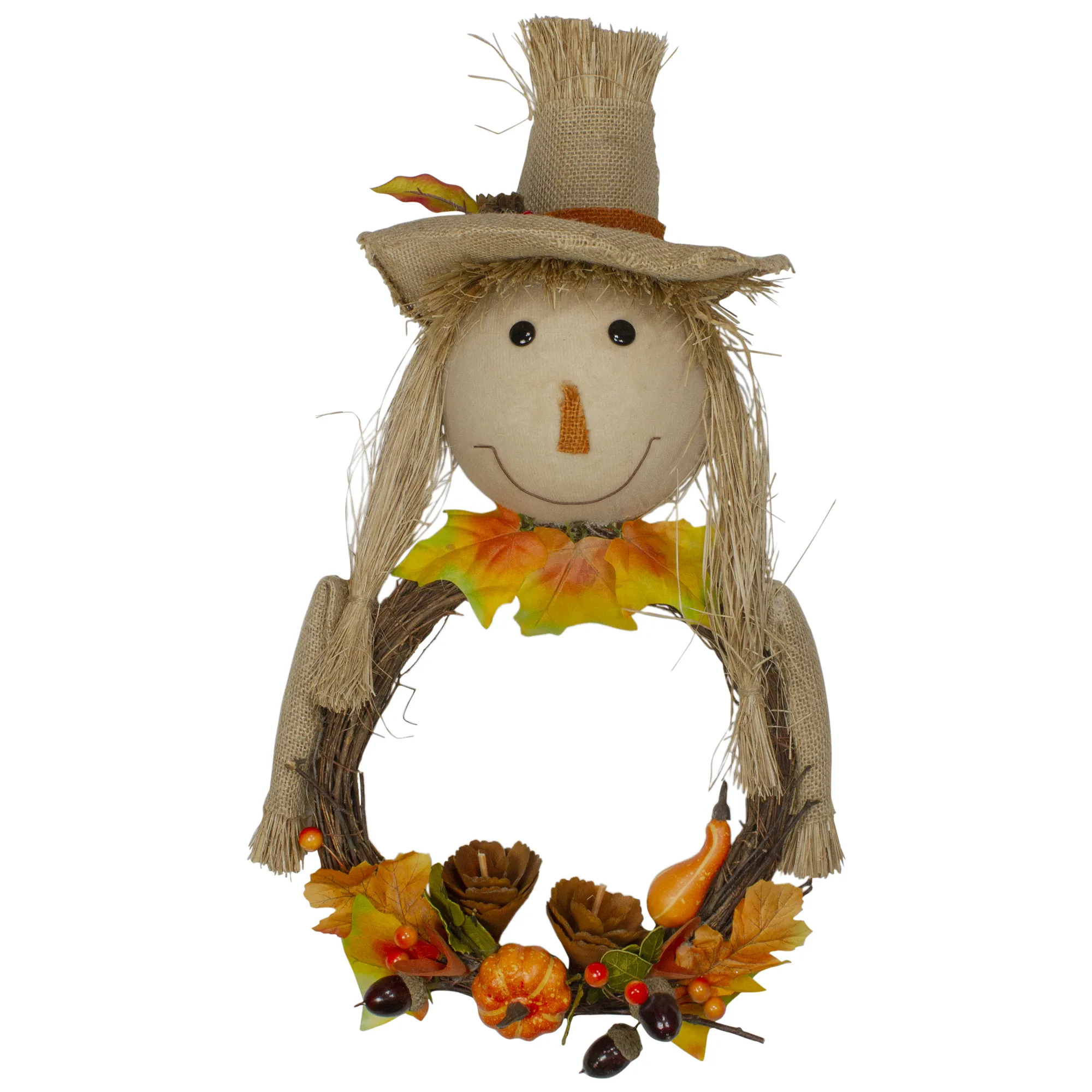 20" Yellow and Tan Fall Harvest Scarecrow Artificial Wreath Wall Decor