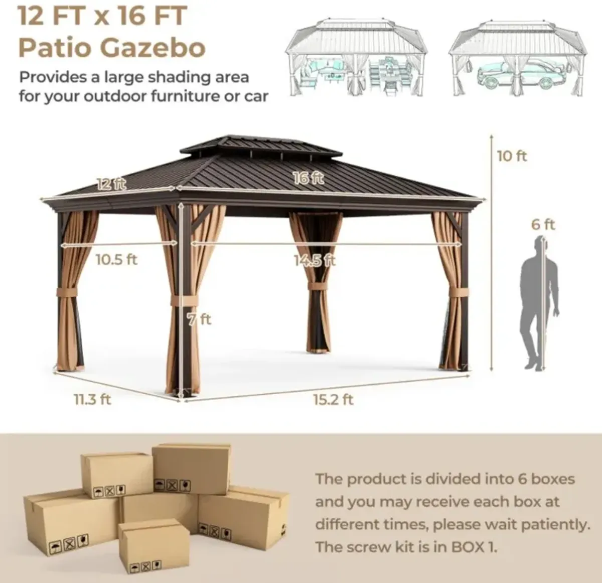 Hivvago 12' x 16' Double-Roof Hardtop Gazebo with Galvanized Steel Roof-Coffee