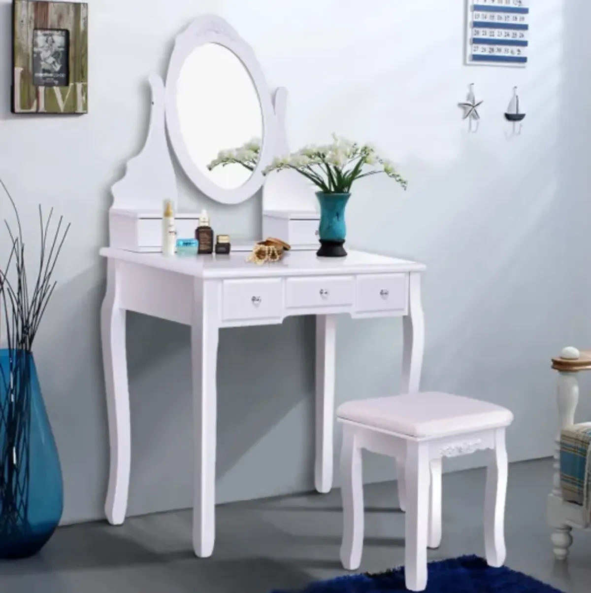 Wooden Vanity Set with 360� Rotating Oval Mirror and Cushioned Stool