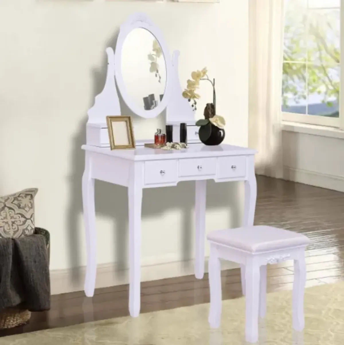 Wooden Vanity Set with 360� Rotating Oval Mirror and Cushioned Stool