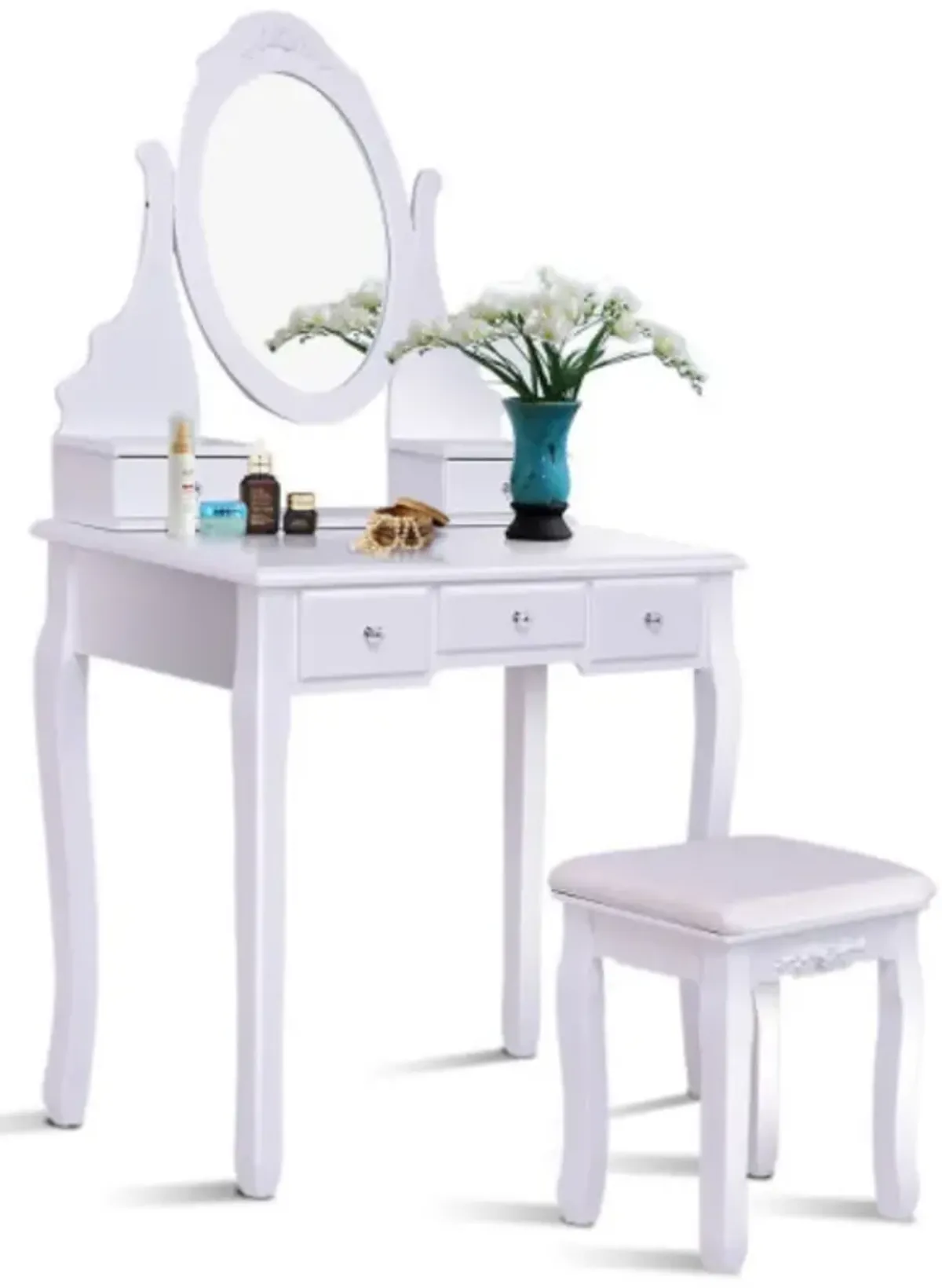 Wooden Vanity Set with 360� Rotating Oval Mirror and Cushioned Stool