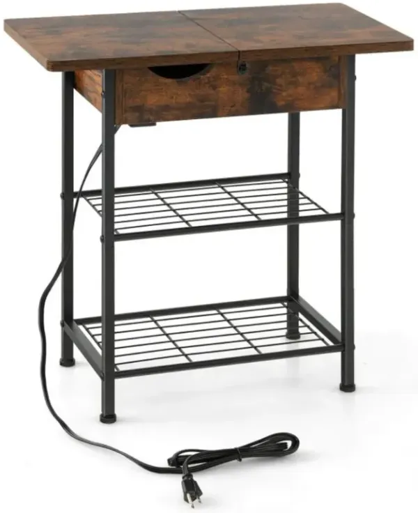 Hivvago Side End Table with Charging Station Flip-Up Top for Living Room-Rustic Brown
