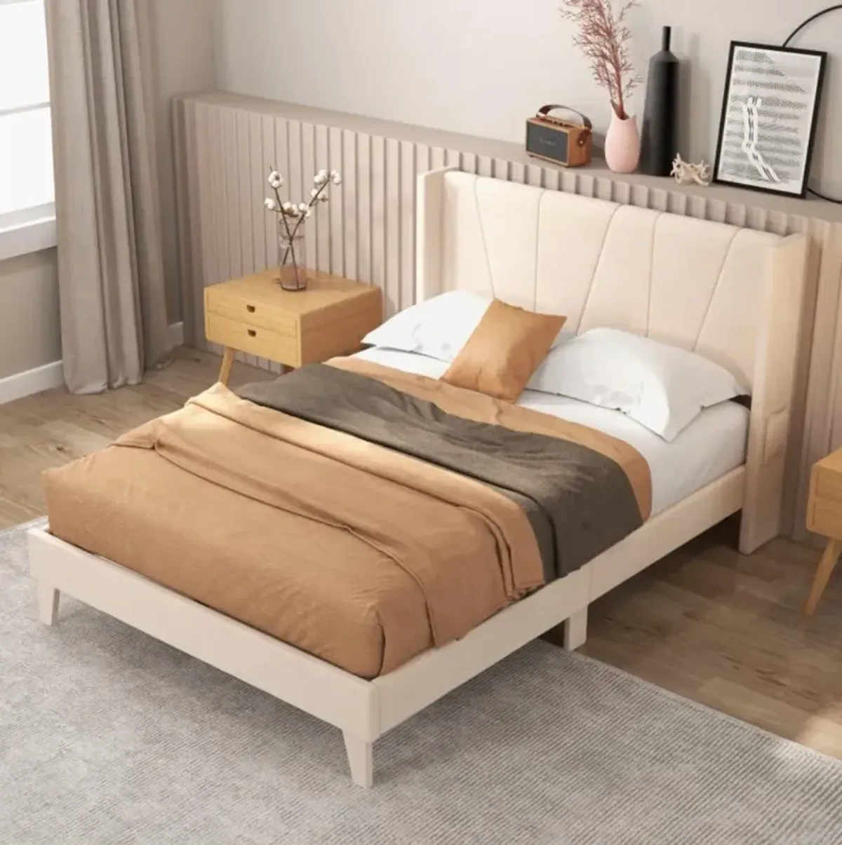 Hivvago Upholstered Bed Frame with Geometric Wingback Headboard