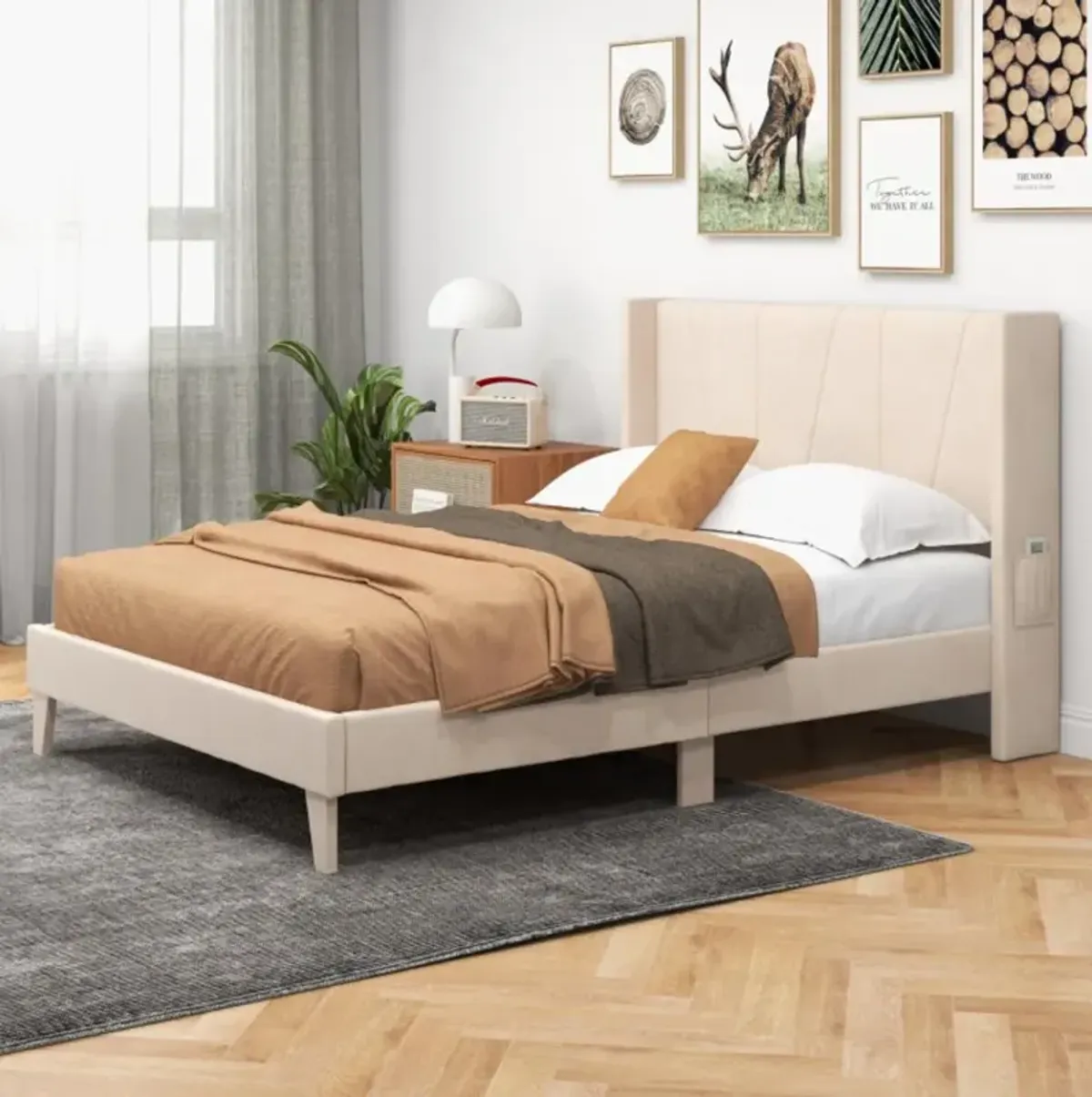 Hivvago Upholstered Bed Frame with Geometric Wingback Headboard