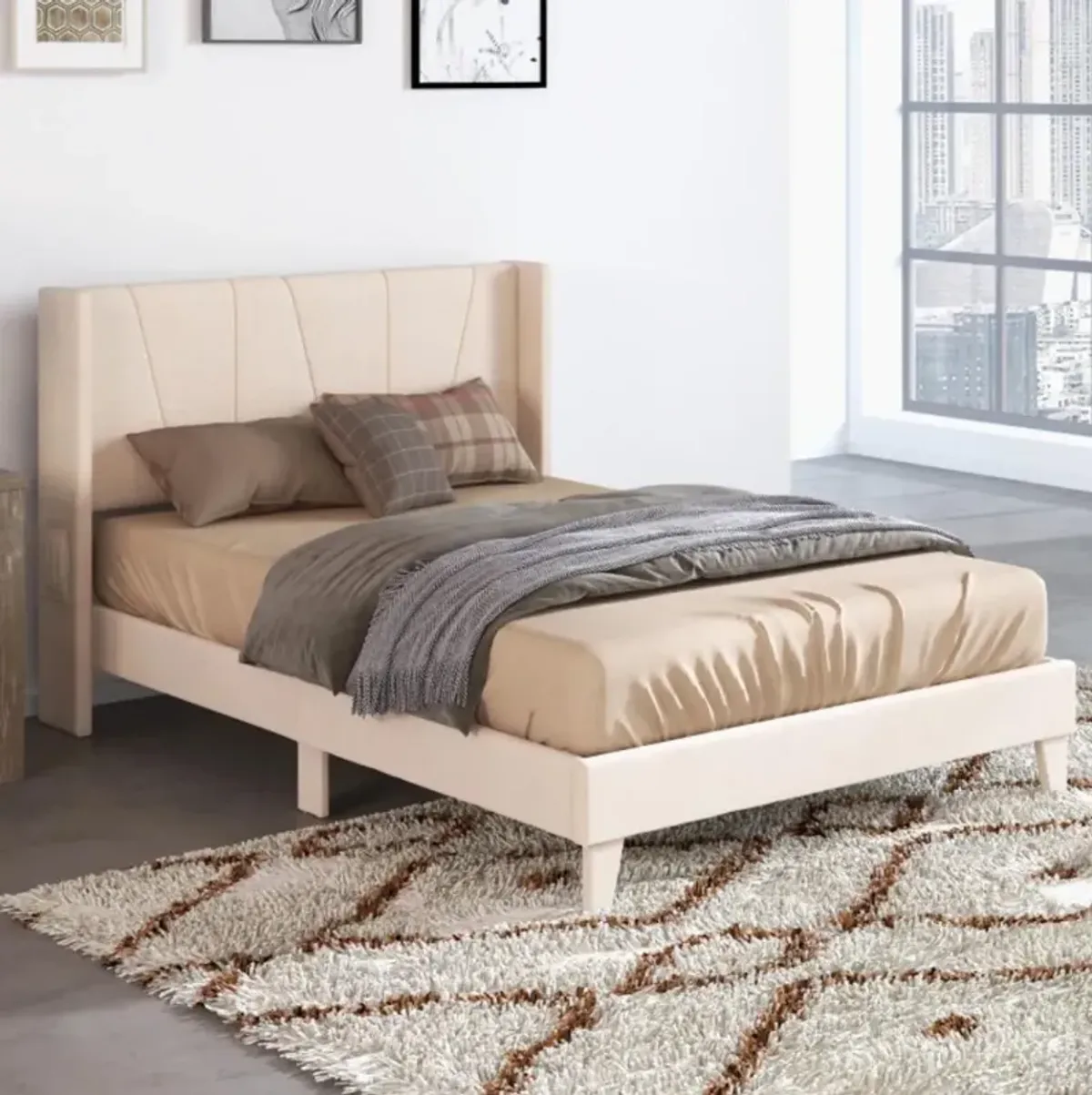 Hivvago Upholstered Bed Frame with Geometric Wingback Headboard