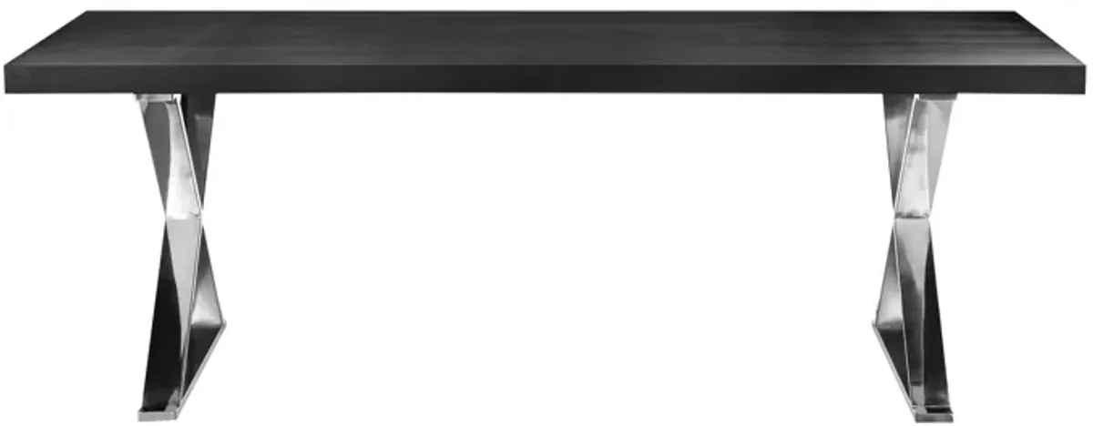 Rix 87 Inch Dining Table, Black Wood Top, X Chrome Finished Steel Legs - Benzara