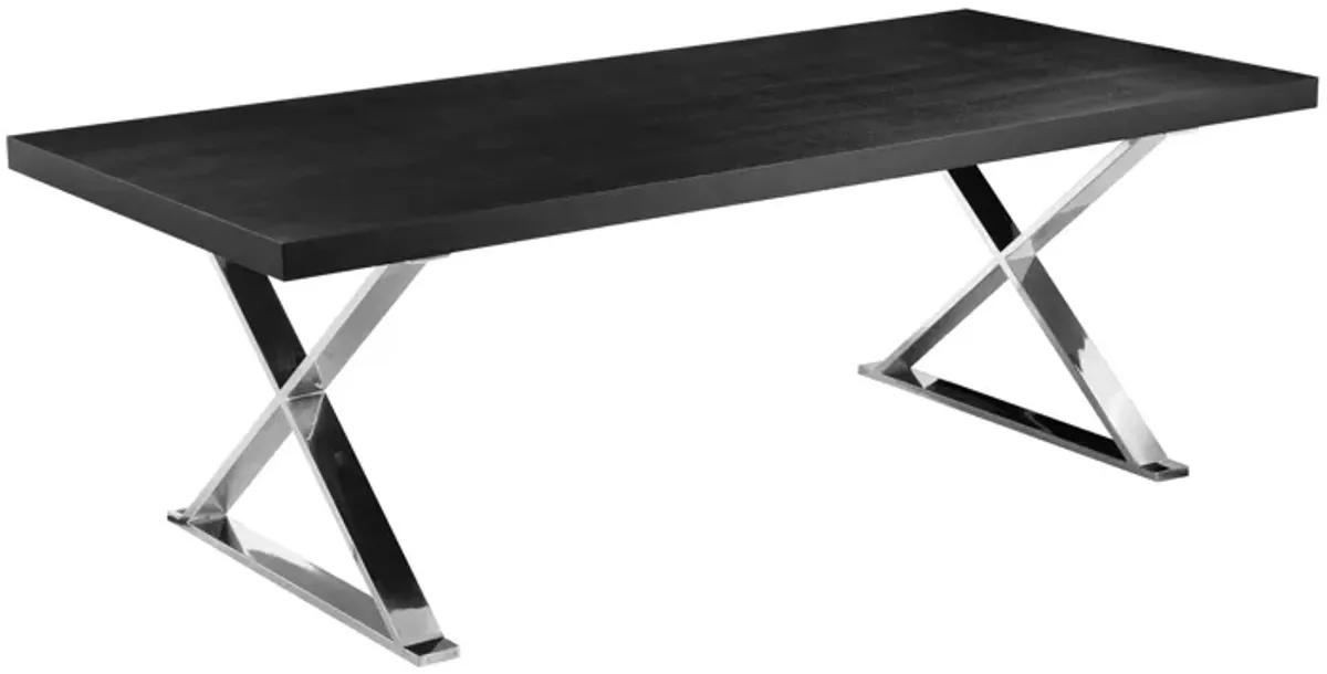 Rix 87 Inch Dining Table, Black Wood Top, X Chrome Finished Steel Legs - Benzara