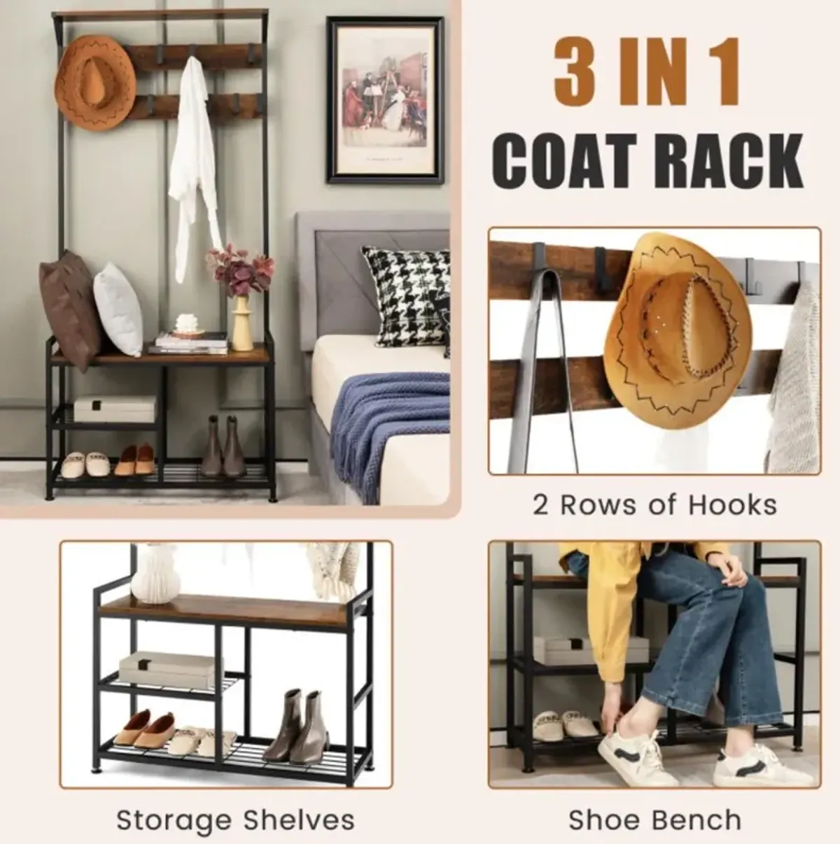 Hivvago 3-In-1 Industrial Coat Rack Stand with 9 Hooks Shoe Bench