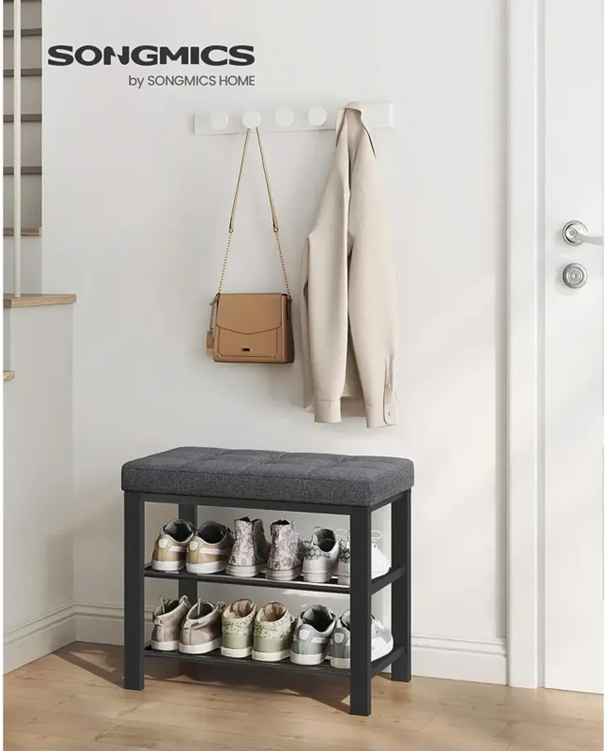 3-Tier Shoe Bench with Foam Padded Seat - Linen Storage Organizer with Metal Frame for Entryway