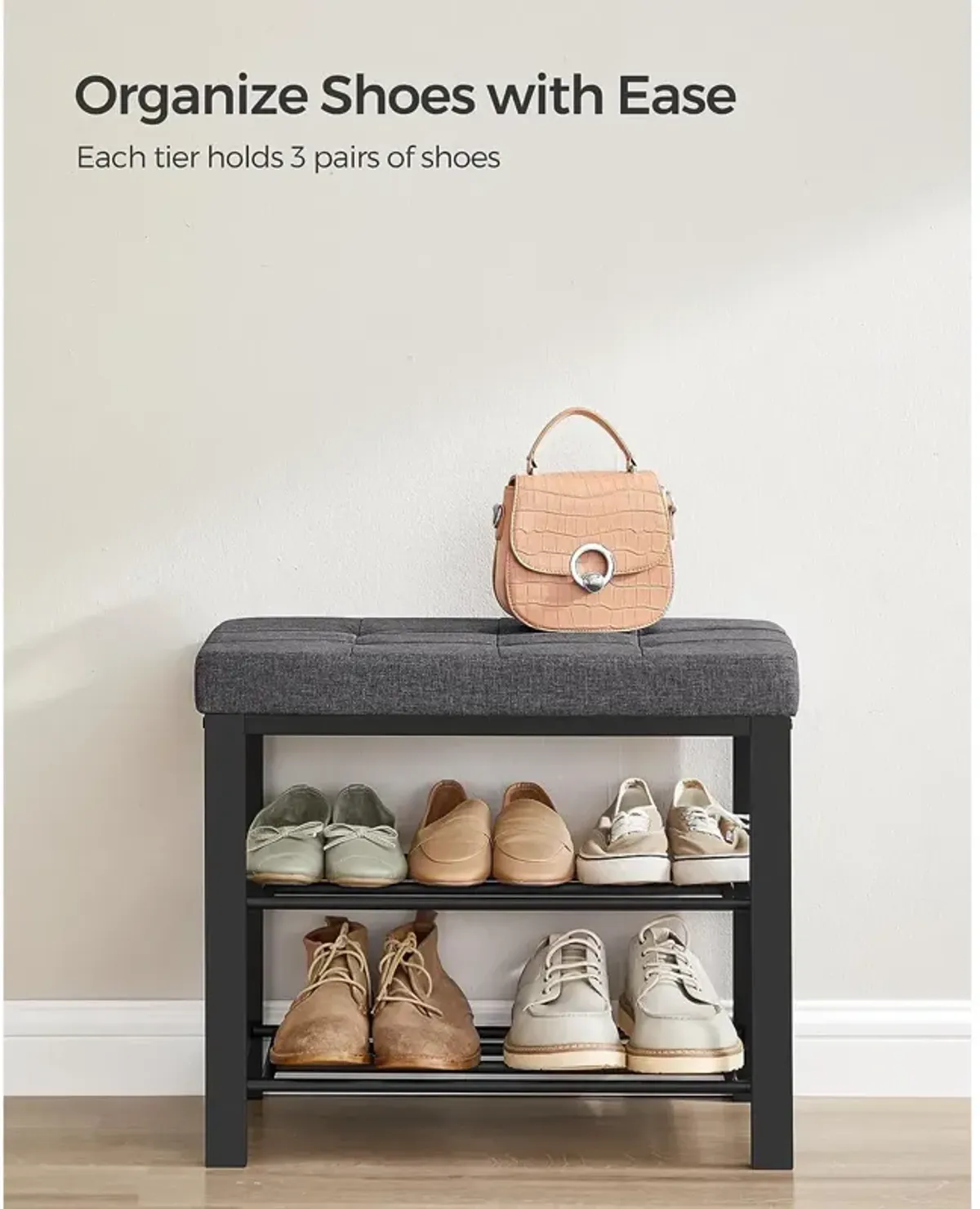 3-Tier Shoe Bench with Foam Padded Seat - Linen Storage Organizer with Metal Frame for Entryway