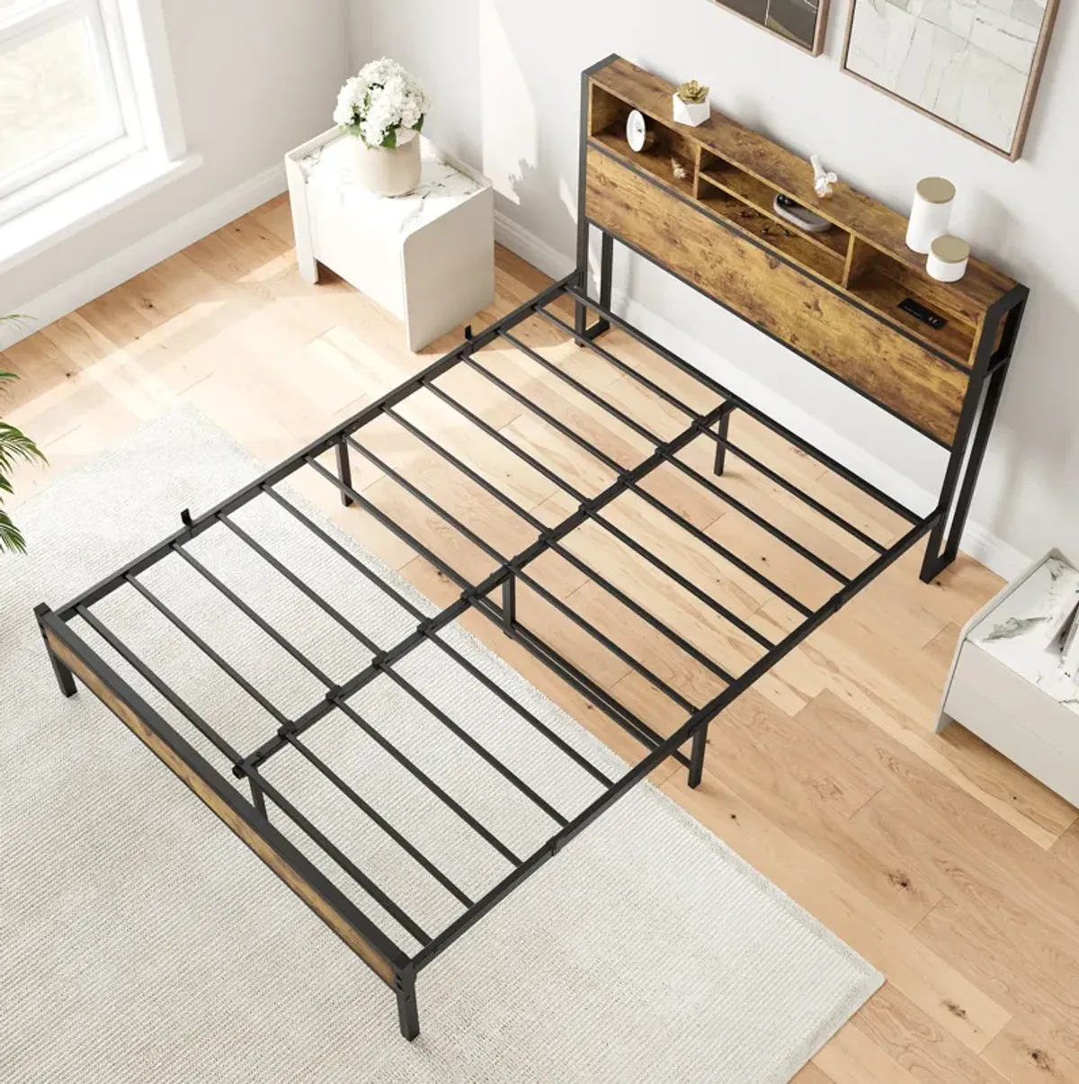 Hivvago FullSized Quick Assembly Heavy Duty Platform Bedframe with Charging Station