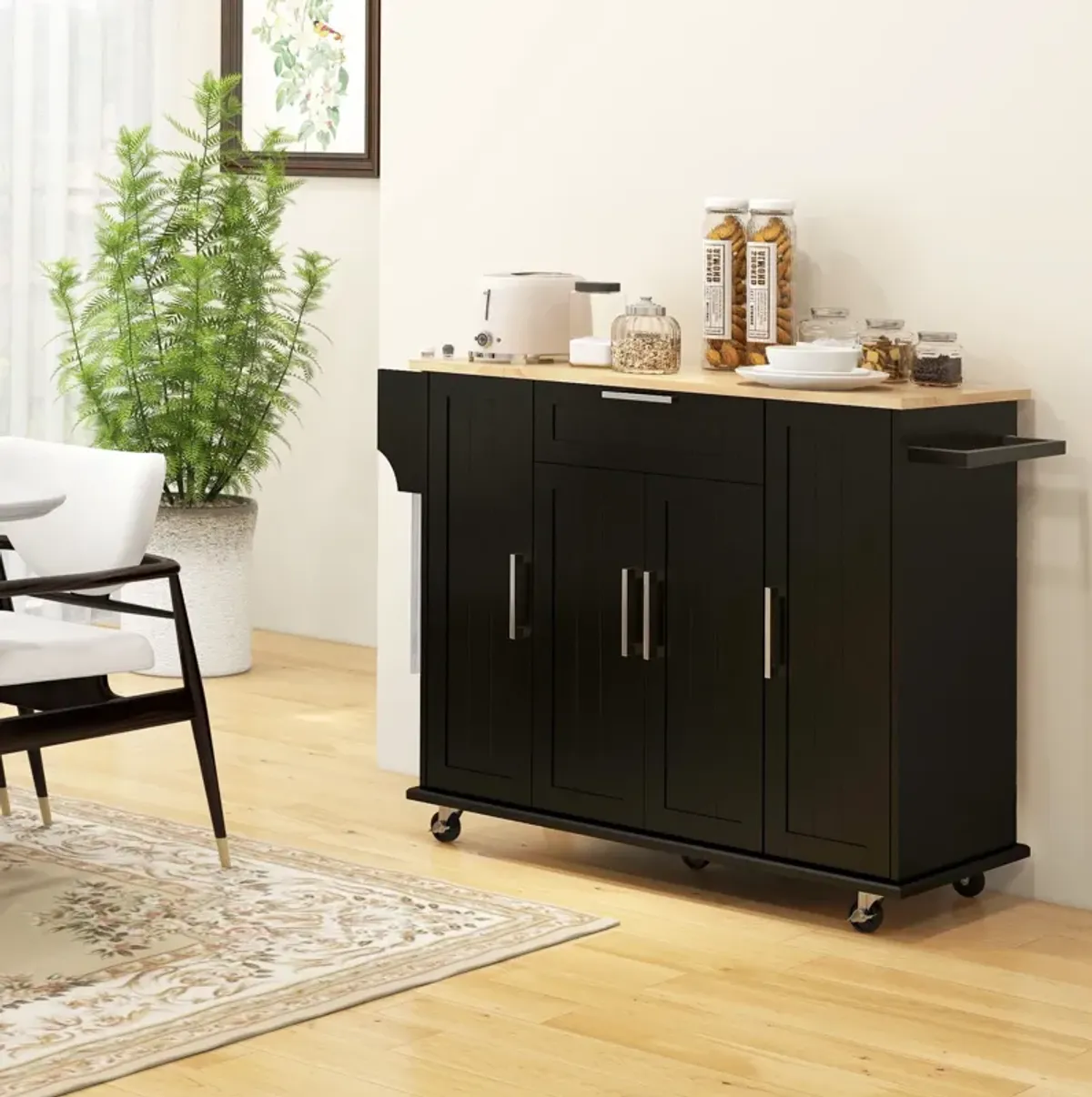 Black Kitchen Island Cart: Natural Wood Top, Drawers