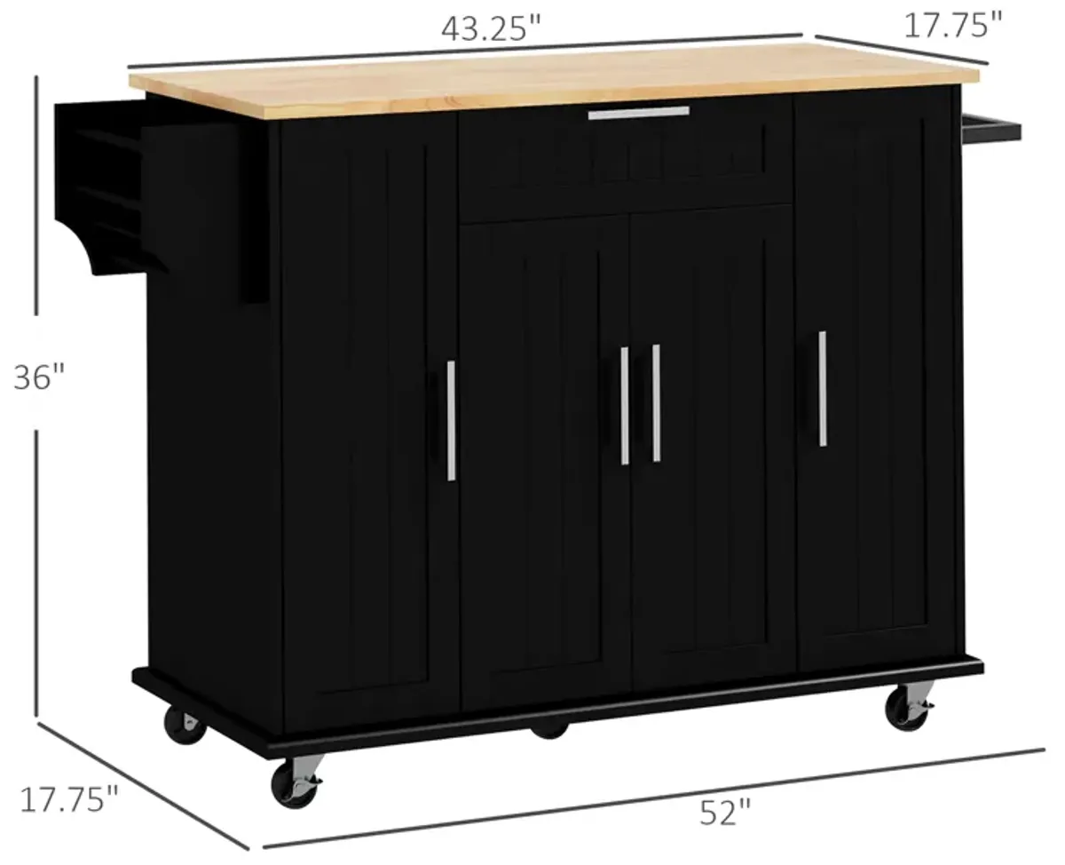 Black Kitchen Island Cart: Natural Wood Top, Drawers