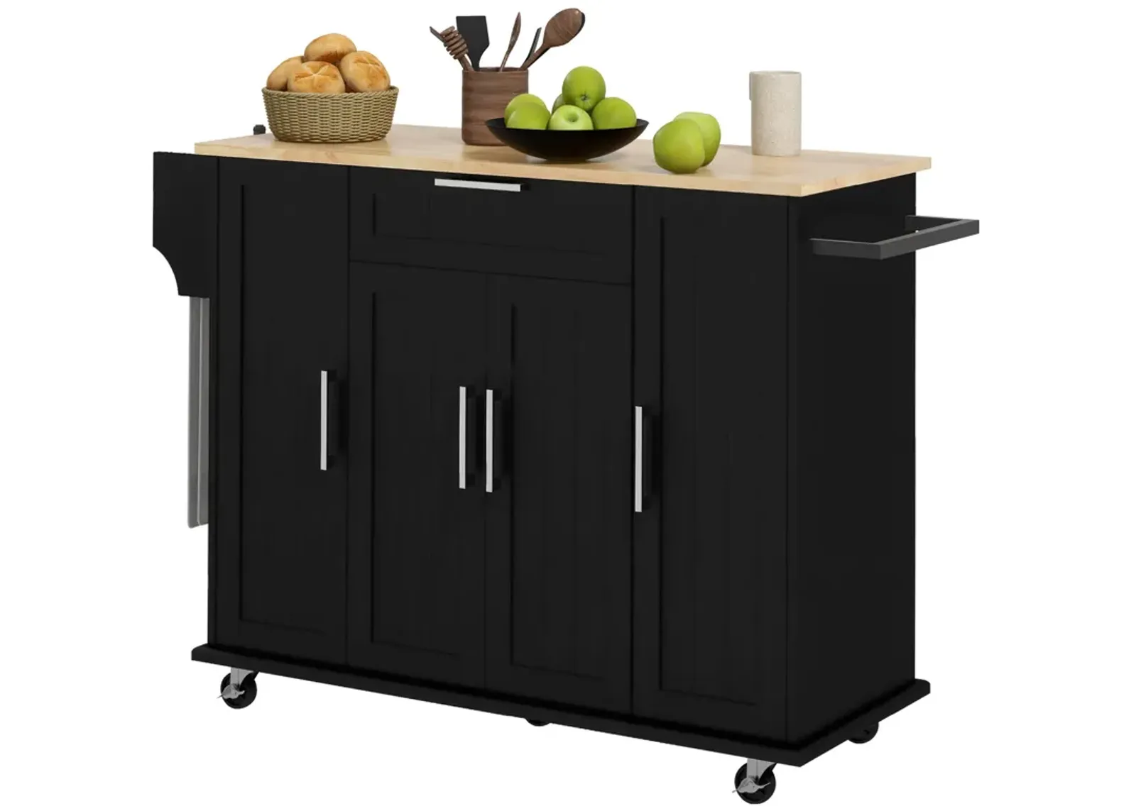 Black Kitchen Island Cart: Natural Wood Top, Drawers