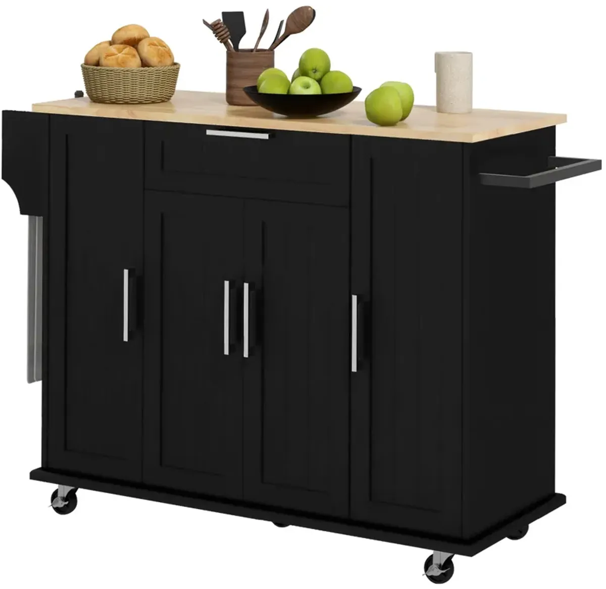 Black Kitchen Island Cart: Natural Wood Top, Drawers