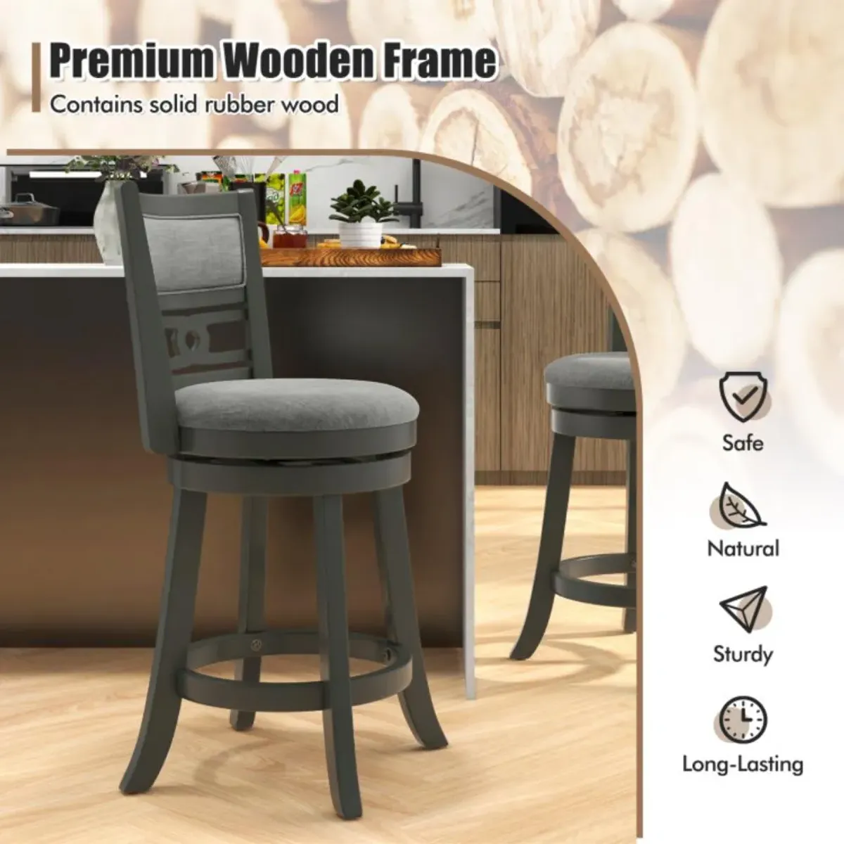 Hivvago Counter Height Bar Chair with Wooden Frame Swivel Seat and Footrest for Pub Bar Restaurant