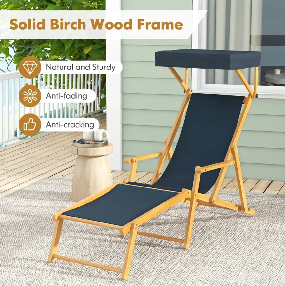 Birch Wood Chaise Lounge Chair – Foldable Beach Chair with Adjustable Canopy for Outdoor Relaxation