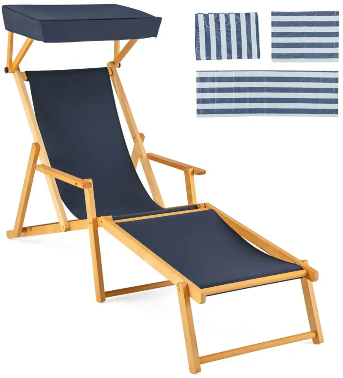 Birch Wood Chaise Lounge Chair – Foldable Beach Chair with Adjustable Canopy for Outdoor Relaxation