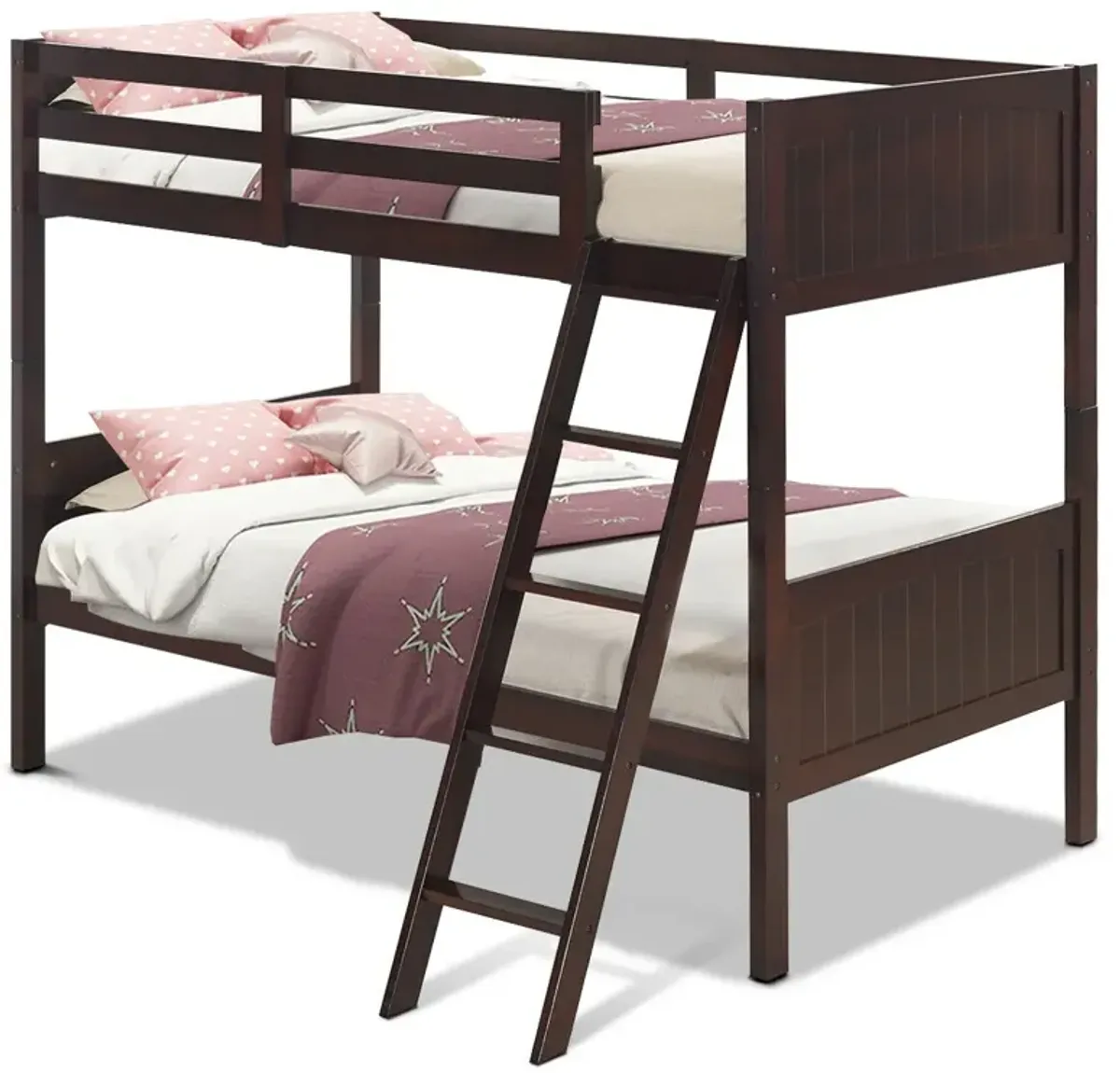 Wooden Twin Over Twin Bunk Bed Frames with Ladder and Safety Rail