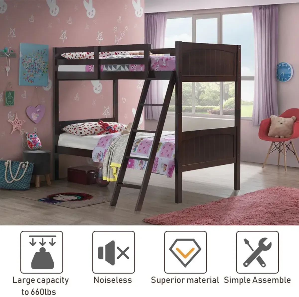 Wooden Twin Over Twin Bunk Bed Frames with Ladder and Safety Rail