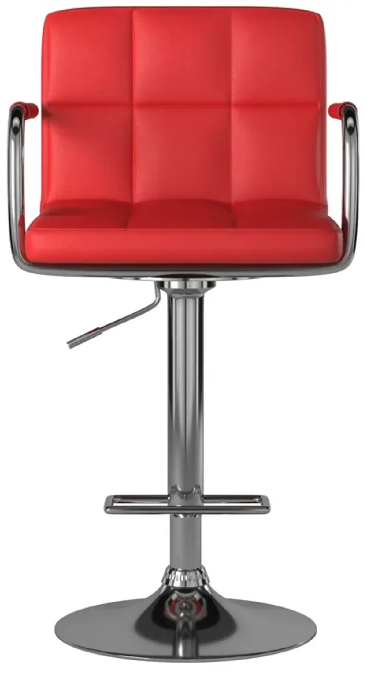 Leatherette Swivel Barstool with Square Stitched Details, Red and Silver-Benzara