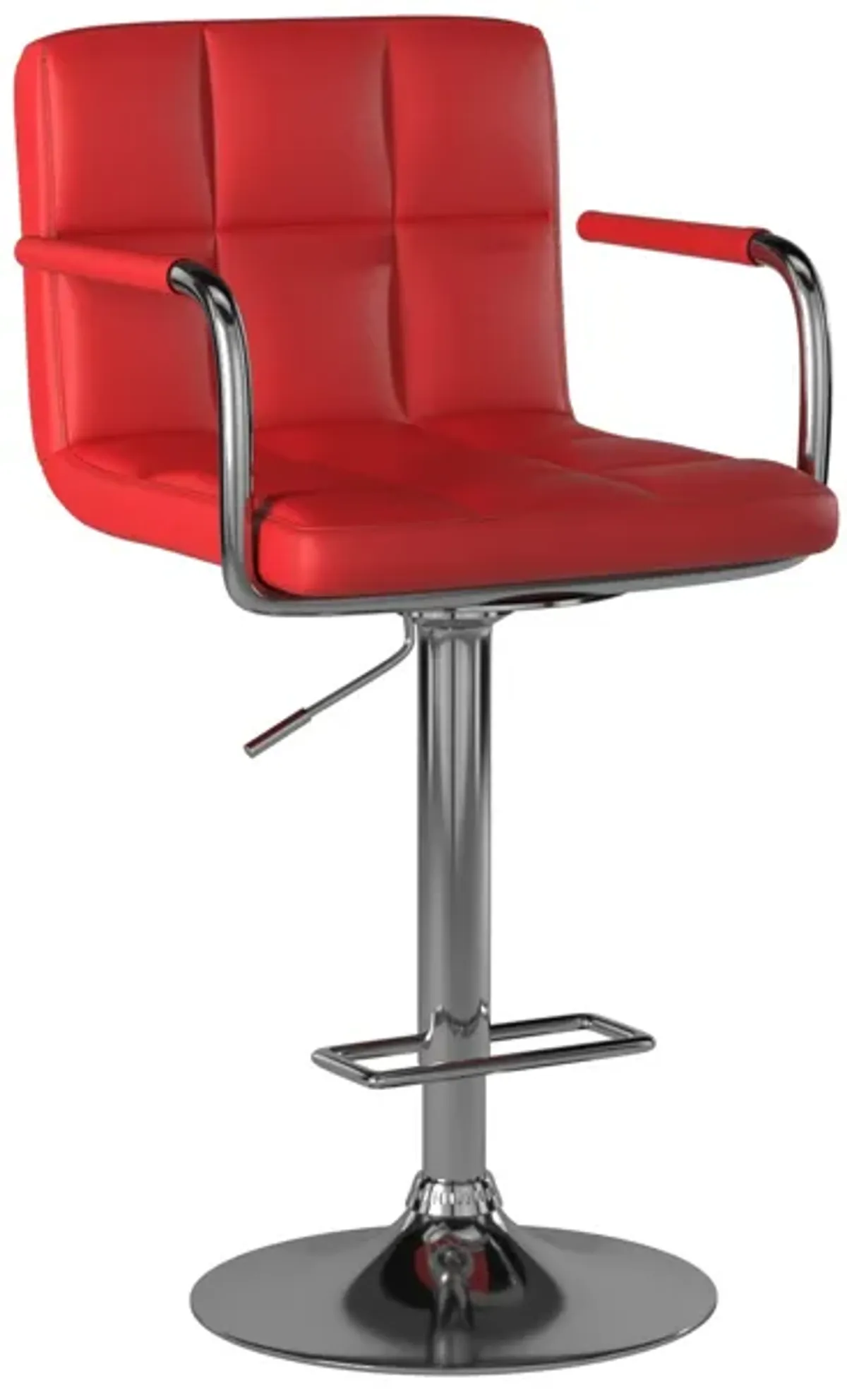 Leatherette Swivel Barstool with Square Stitched Details, Red and Silver-Benzara