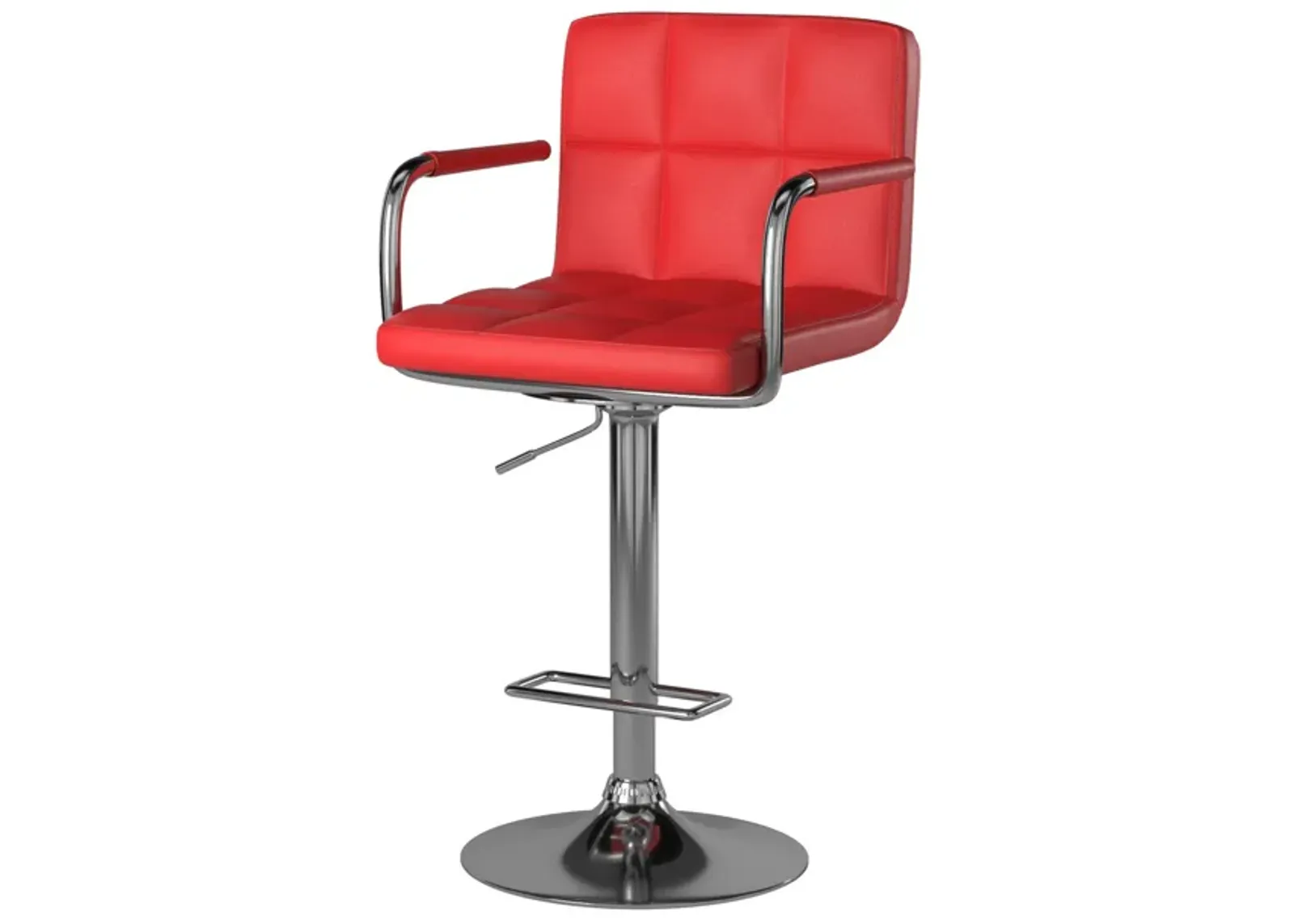 Leatherette Swivel Barstool with Square Stitched Details, Red and Silver-Benzara