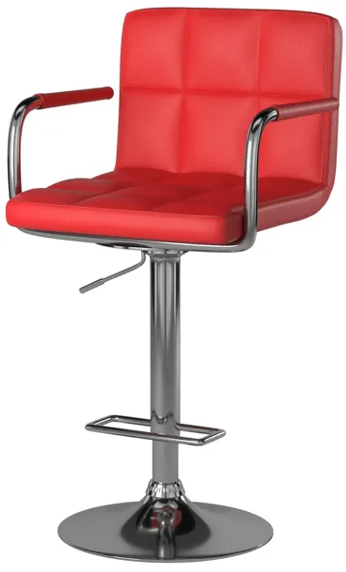 Leatherette Swivel Barstool with Square Stitched Details, Red and Silver-Benzara