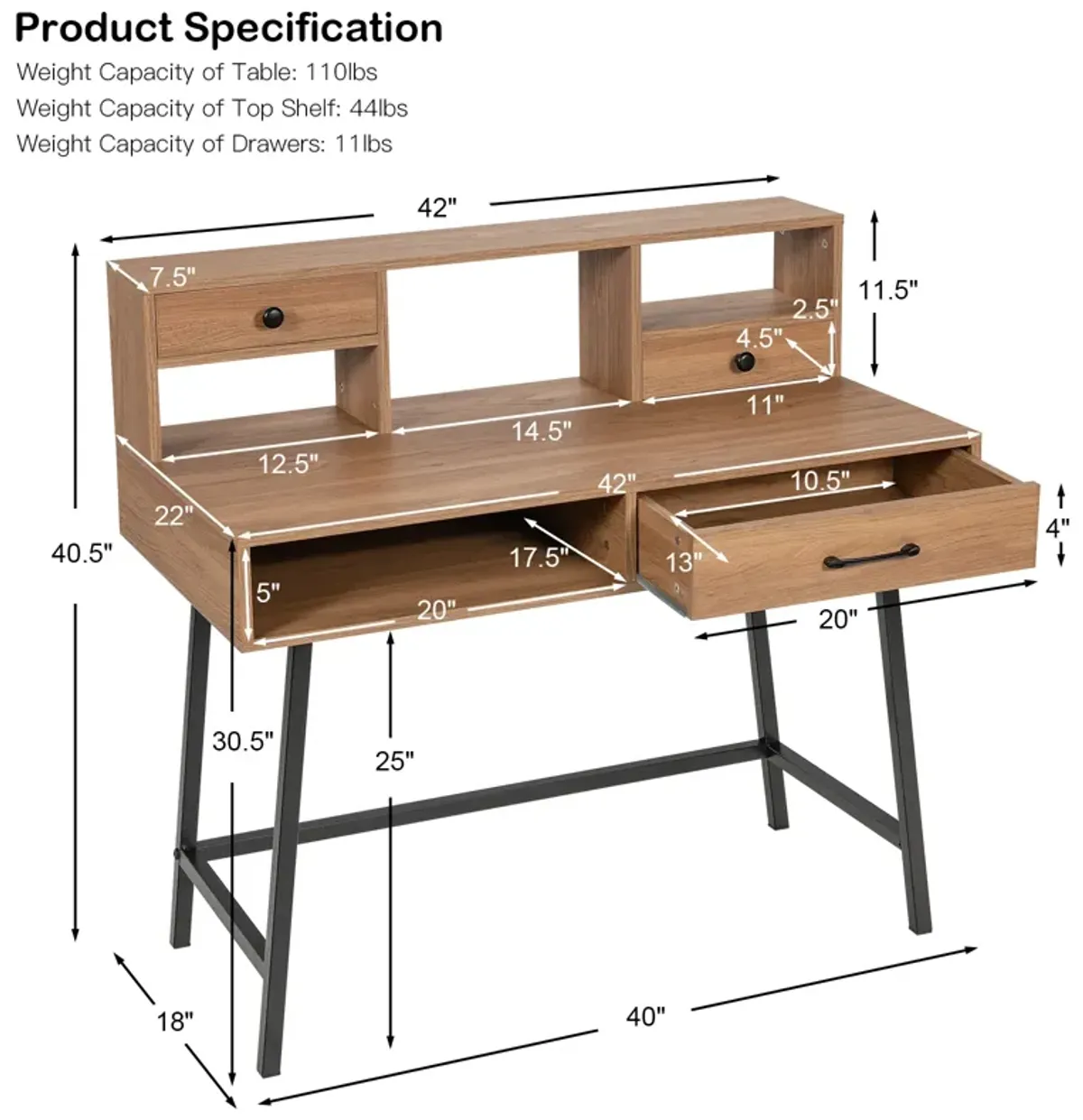 42-Inch Vanity Desk with Tabletop Shelf and 2 Drawers