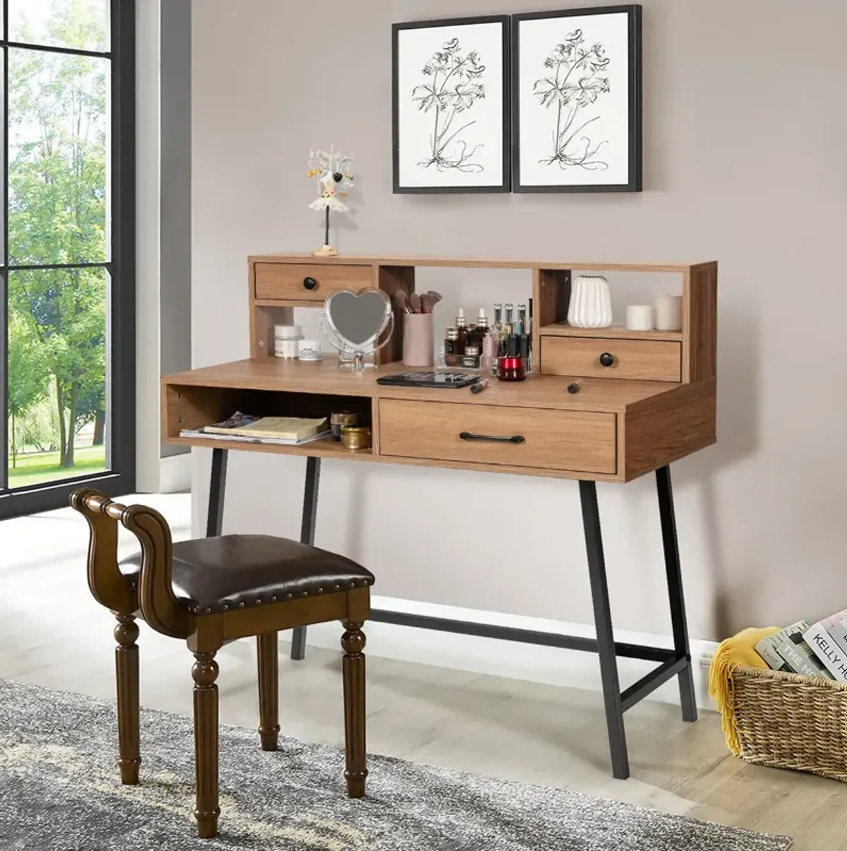 42-Inch Vanity Desk with Tabletop Shelf and 2 Drawers