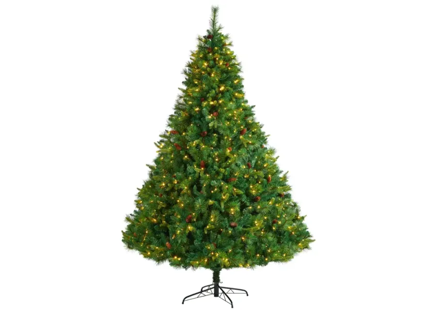 Nearly Natural 8-ft West Virginia Full Bodied Mixed Pine Artificial Christmas Tree with 700 Clear LED Lights and Pine Cones