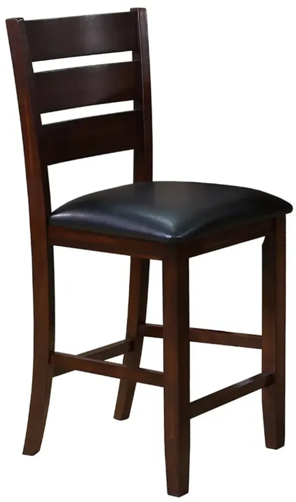 Woodlands 24 Inch Counter Height Chairs, Set of 2, Faux Leather, Wood, Black and Brown - Benzara