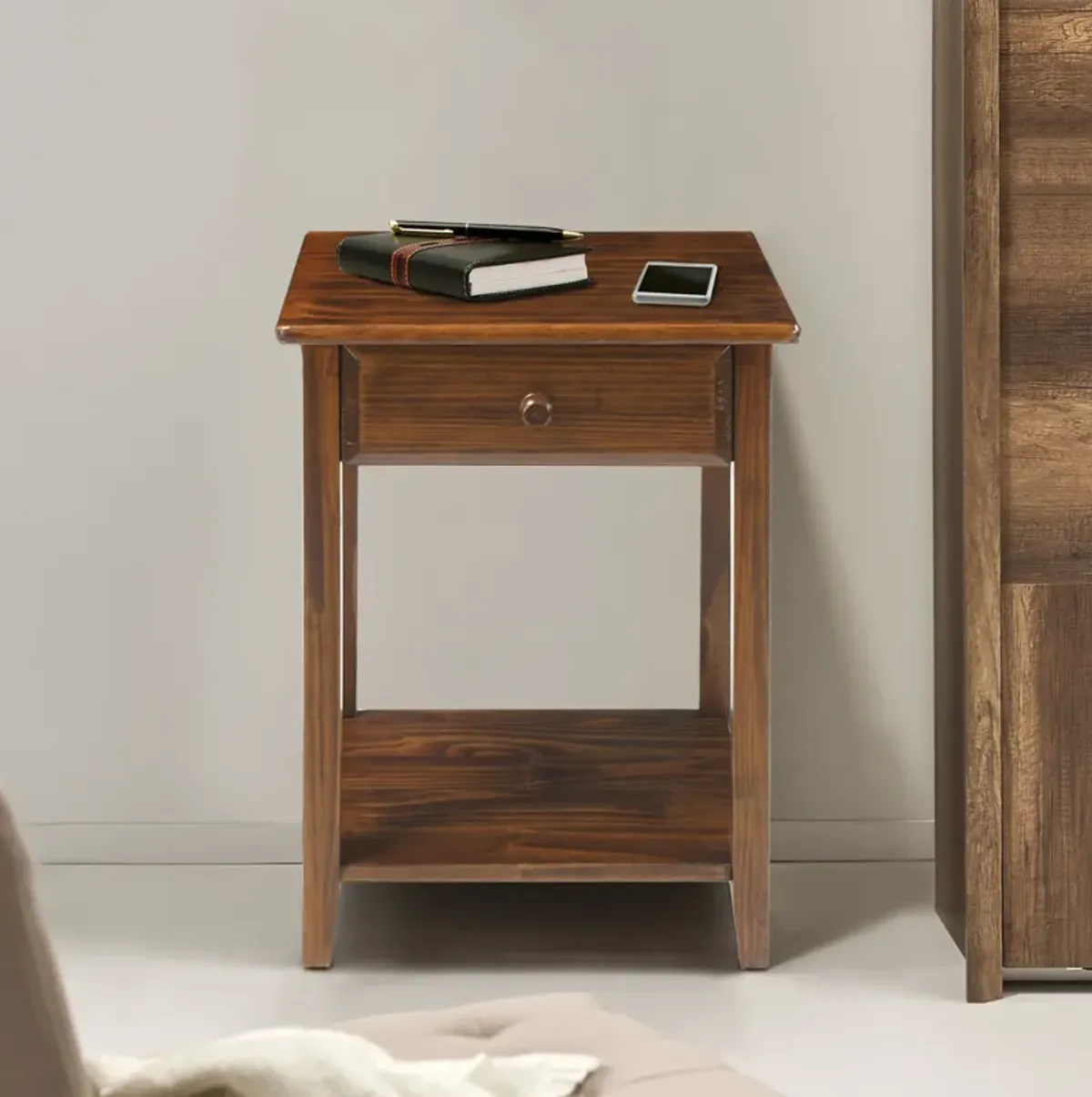 Casual Home Night Owl Nightstand with USB Ports-Warm Brown