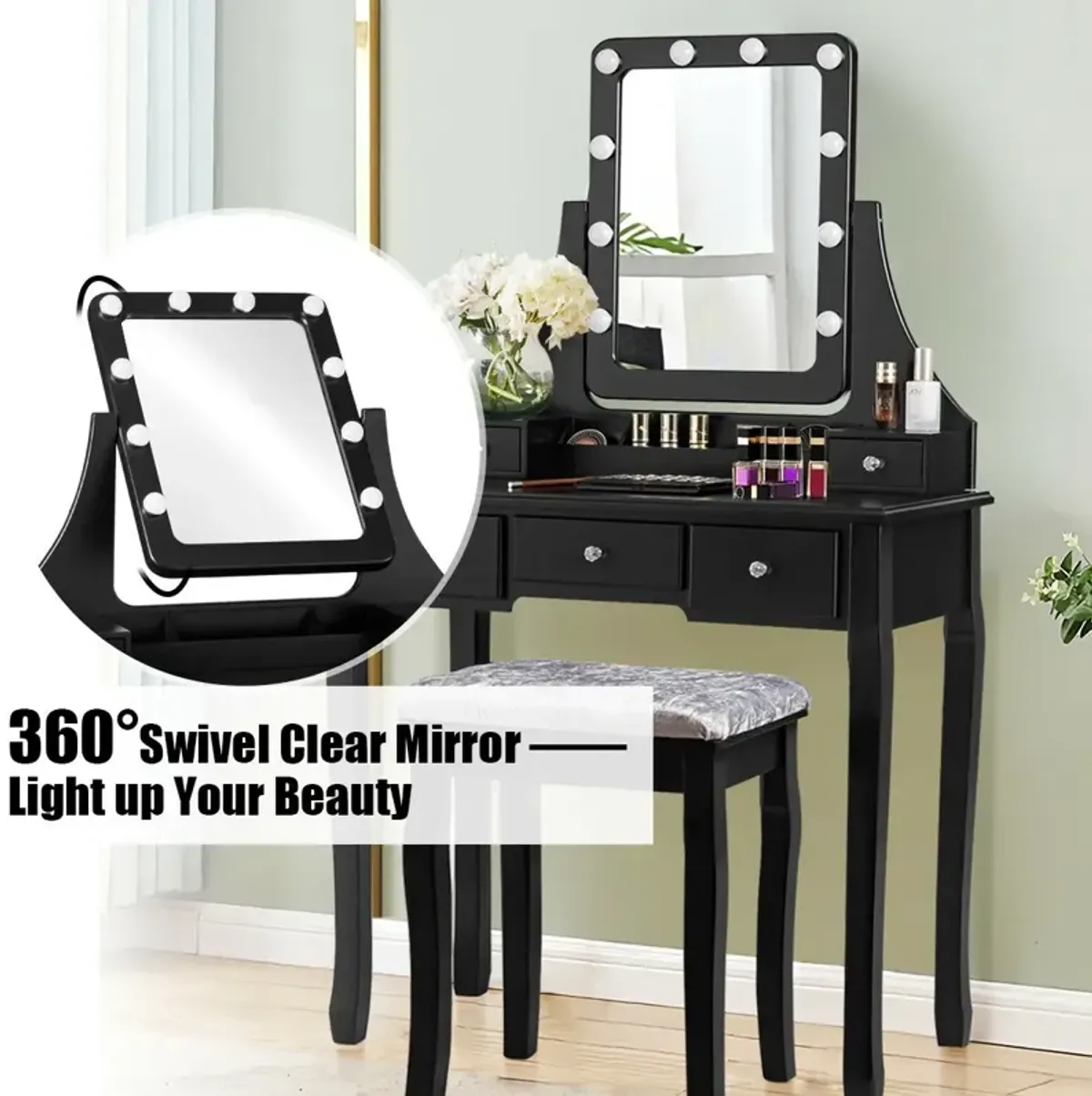 Vanity Dressing Table Set with 10 Dimmable Bulbs and Cushioned Stool