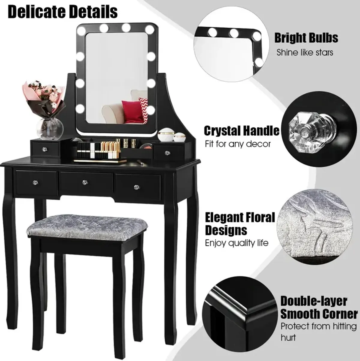 Vanity Dressing Table Set with 10 Dimmable Bulbs and Cushioned Stool