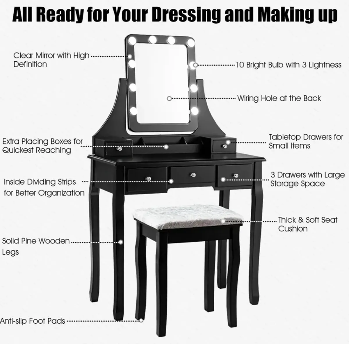 Vanity Dressing Table Set with 10 Dimmable Bulbs and Cushioned Stool