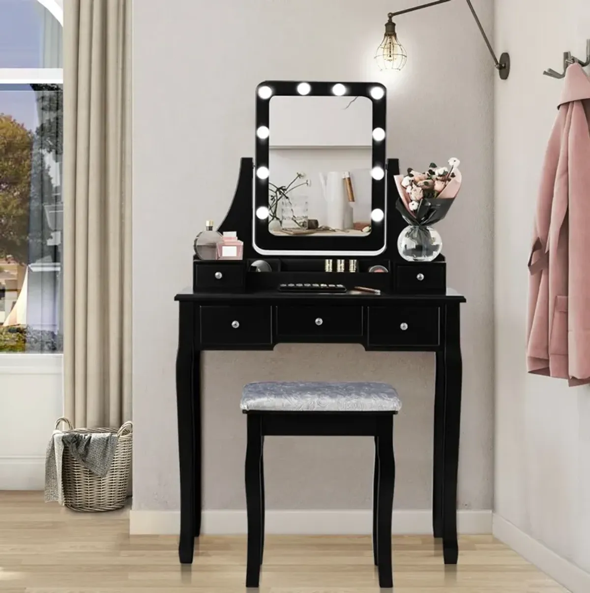 Vanity Dressing Table Set with 10 Dimmable Bulbs and Cushioned Stool