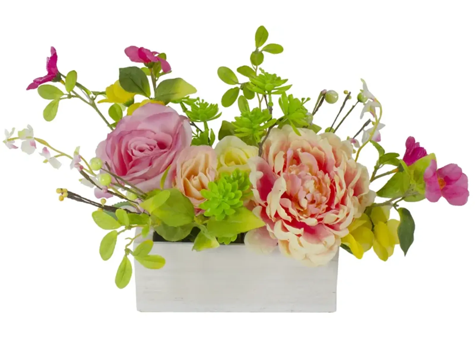 14-Inch Pink and Yellow Artificial Roses and Peony Floral  Arrangement in Planter