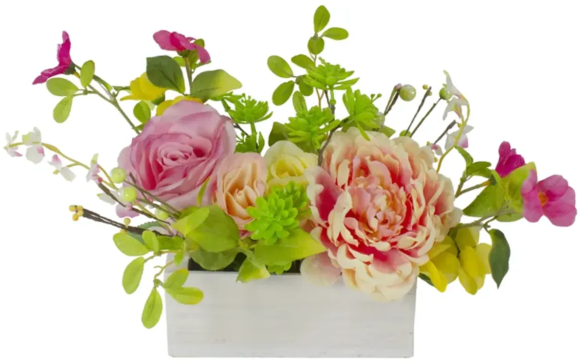 14-Inch Pink and Yellow Artificial Roses and Peony Floral  Arrangement in Planter