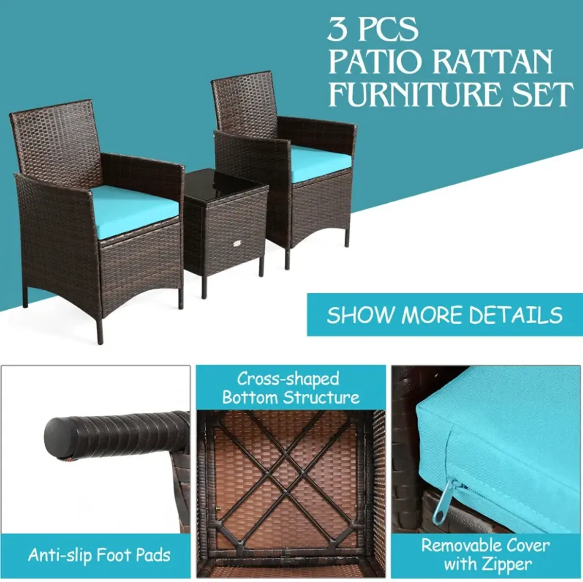 3 Pieces Patio Cushioned Rattan Converstaion Set With Glass Table Top