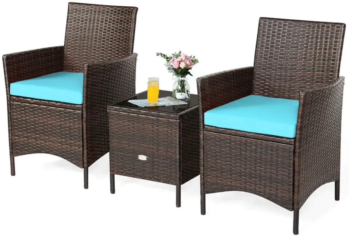 3 Pieces Patio Cushioned Rattan Converstaion Set With Glass Table Top