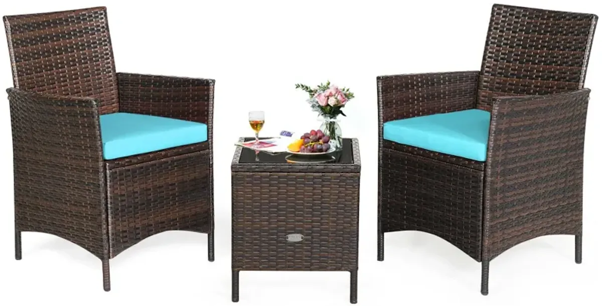 3 Pieces Patio Cushioned Rattan Converstaion Set With Glass Table Top