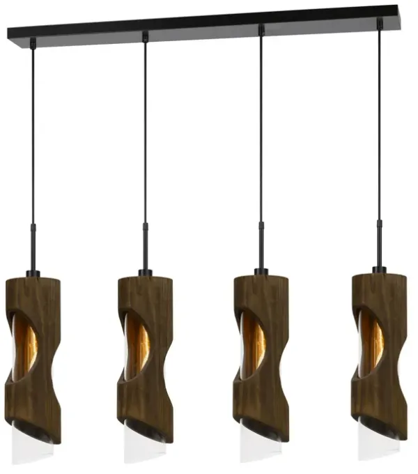 4 Light Metal Frame Pendant Fixture with Wooden and Glass Shades, Brown - Benzara